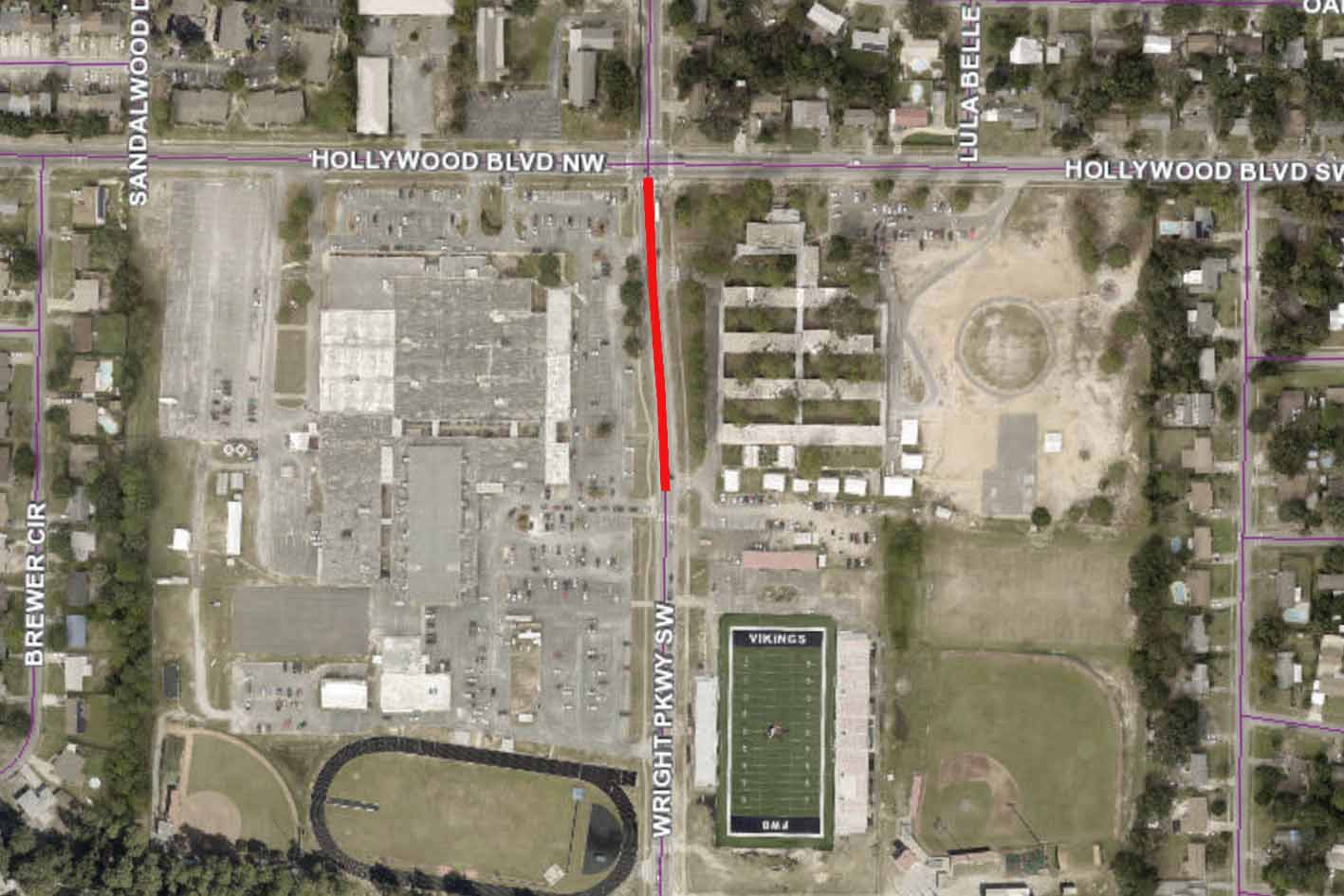 A map of roadwork scheduled this week on Wright Parkway, south of Hollywood Boulevard.